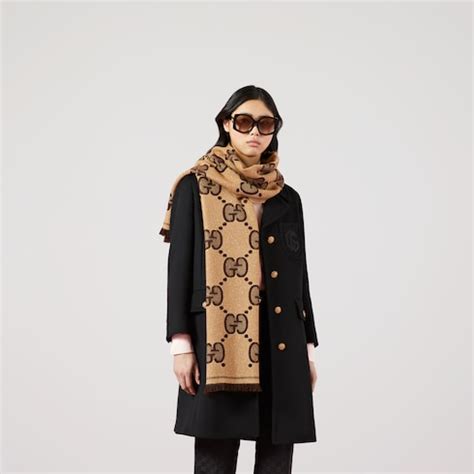 gucci silk scarf saks|GG wool jacquard scarf in beige and brown .